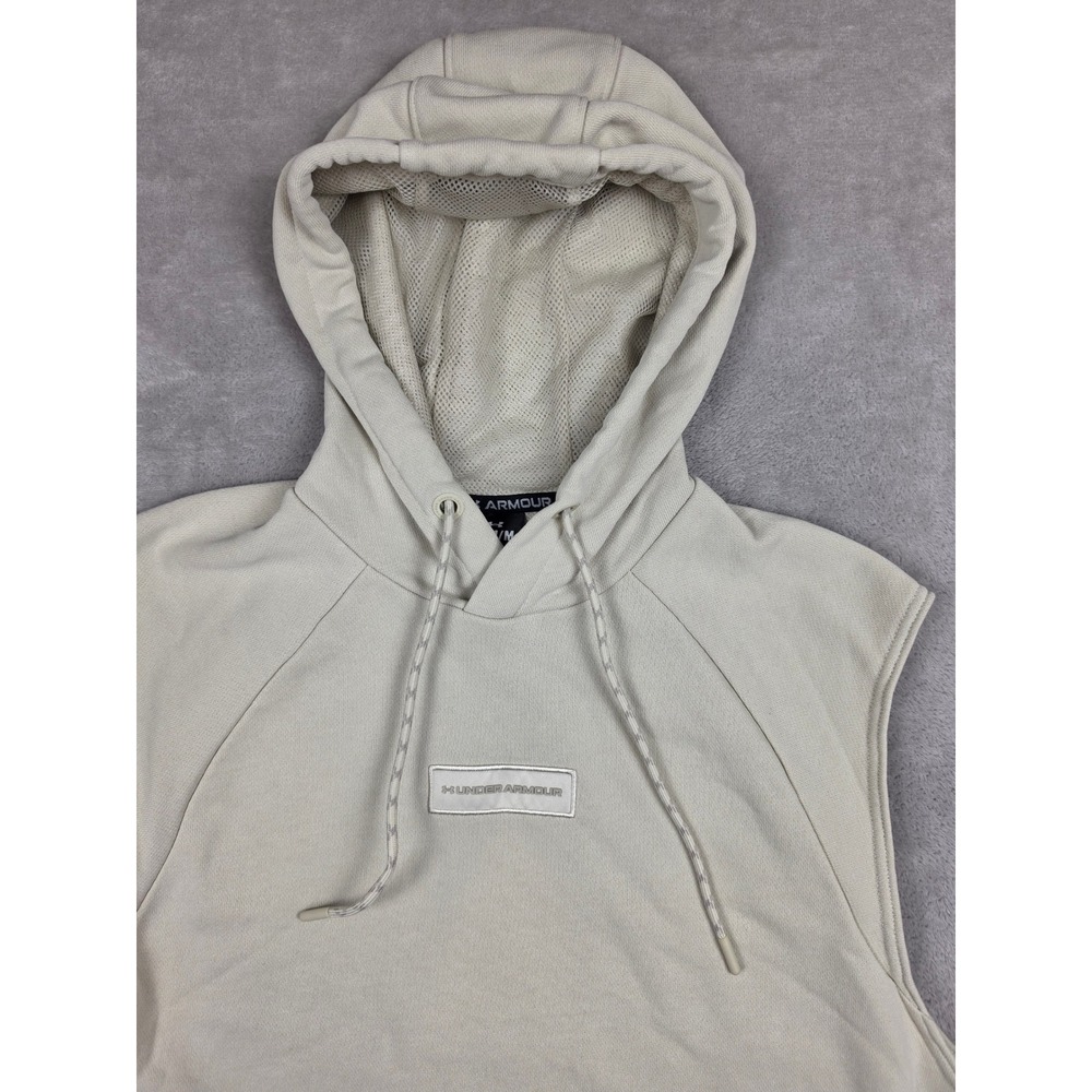 Under Armour Sleeveless Hoodie Mens Medium Beige Box Logo Sweatshirt - Picture 2 of 9
